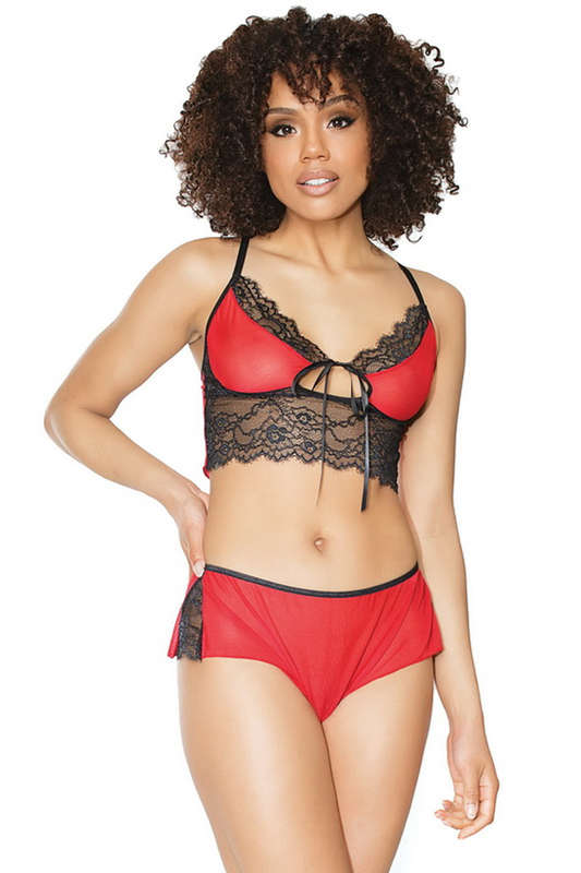 Red & Black Mesh Bralette Lingerie Set