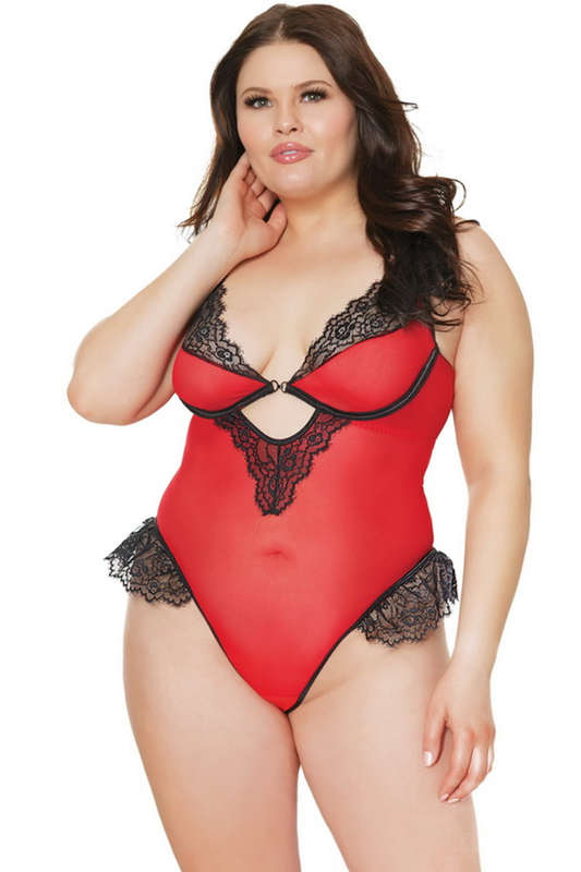 Plus Size Red & Black Mesh Backless Teddy