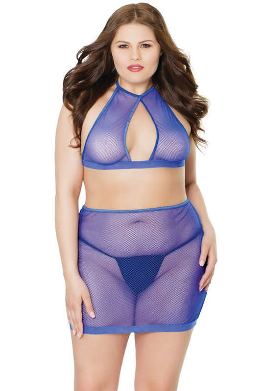 Plus Size Fishnet Halter Top & Skirt Set