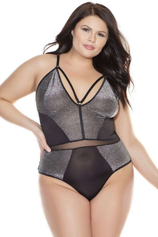 Plus Size Estelle Black & Silver Strappy Teddy