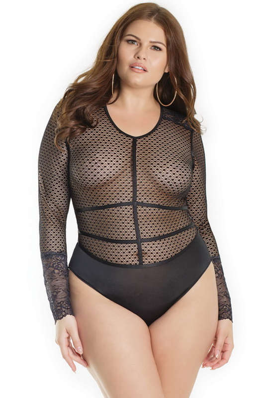 Plus Size Long Sleeve Fishnet Teddy