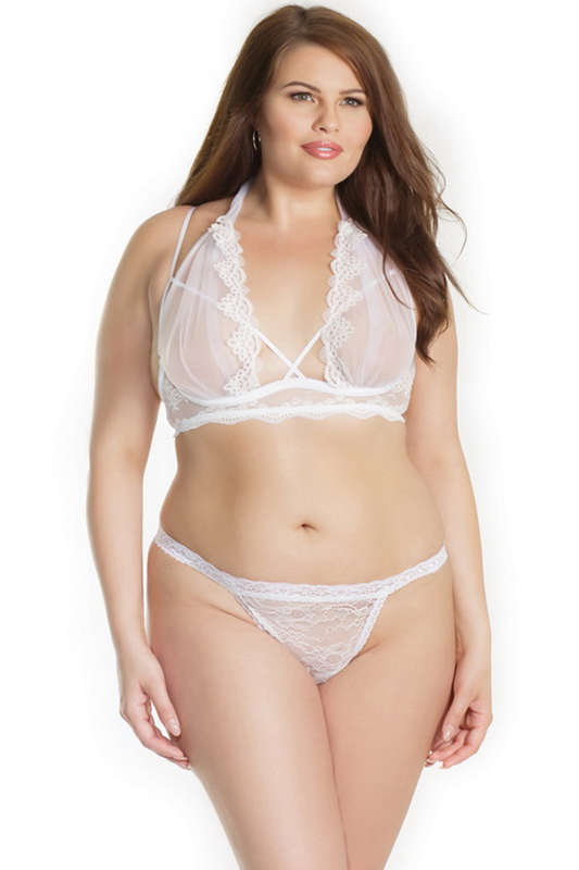 Plus Size White Tulle Halter Bra Set