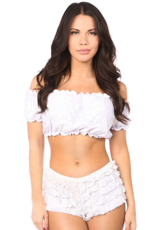 Plus Size White Lined Lace Short Sleeve Peasant Top
