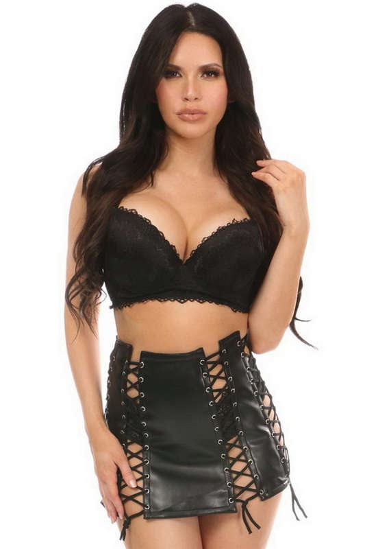 Plus Size Black Faux Leather Lace-Up Skirt