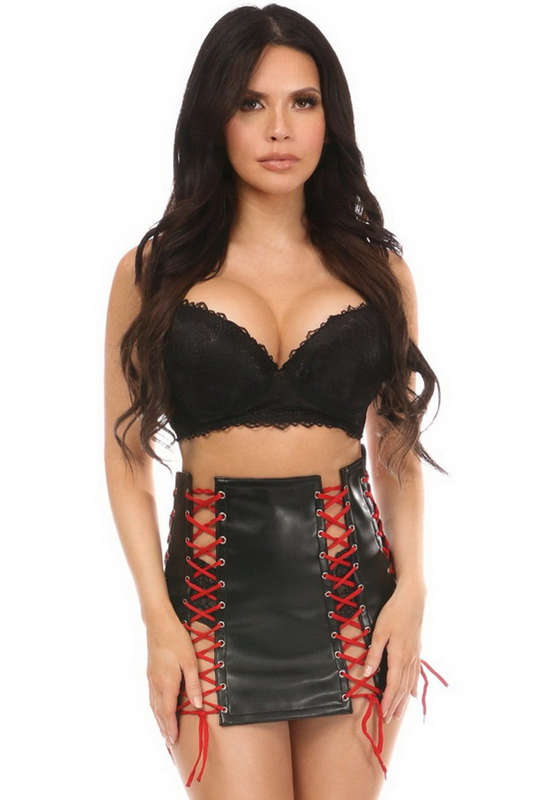 Plus Size Black & Red Faux Leather Lace-Up Skirt