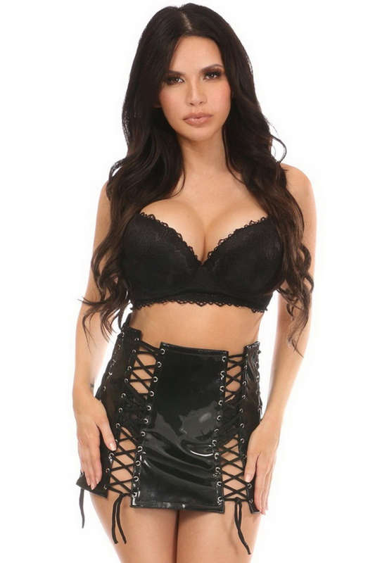 Plus Size Black Patent Lace-Up Skirt