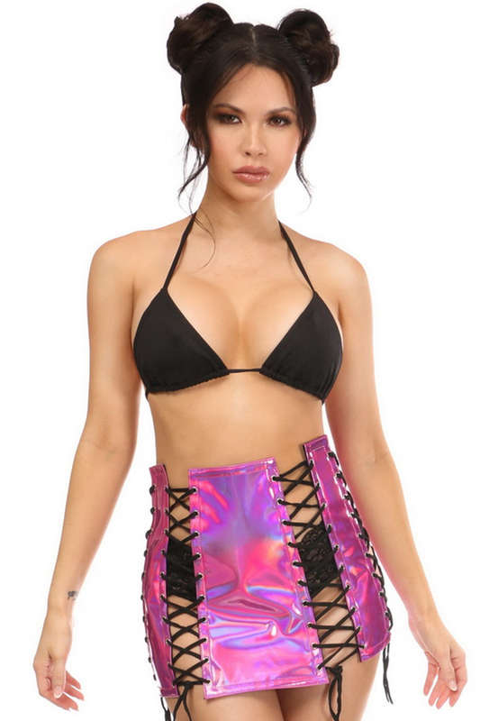 Plus Size Fuchsia Holo Lace Up Skirt