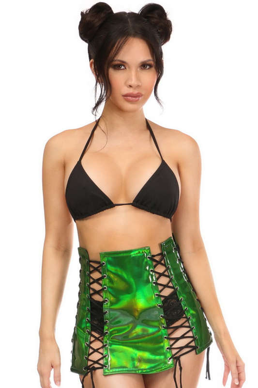 Green Holo Lace Up Skirt