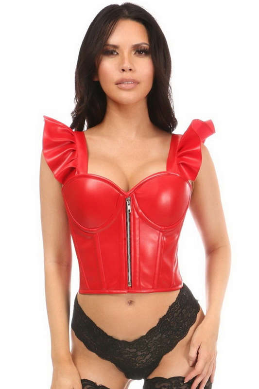 Red Faux Leather Ruffle Sleeve Bustier Top