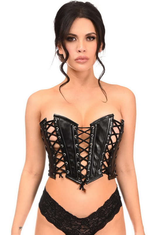 Lavish Black Faux Leather & Black Lacing Lace Up Bustier