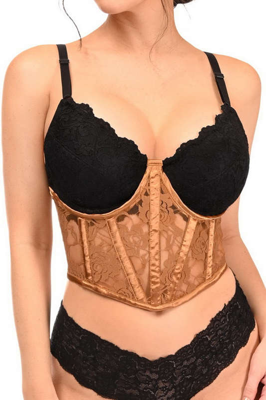 Plus Size Lavish Caramel Sheer Lace Underwire Waist Cincher Corset
