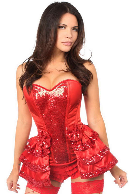 Top Drawer Red Satin & Sequin Corset Set