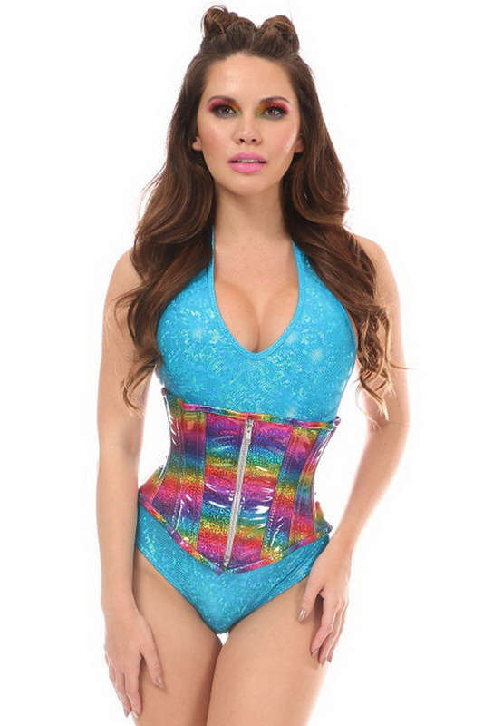 Plus Size Rainbow Glitter Holo Steel Boned Mid Under Bust Corset