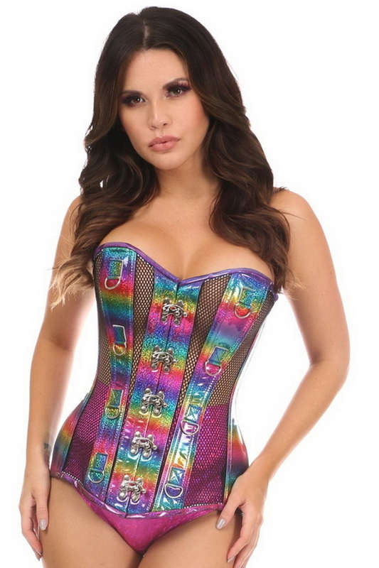 Plus Size Top Drawer Rainbow Glitter PVC & Fishnet Corset