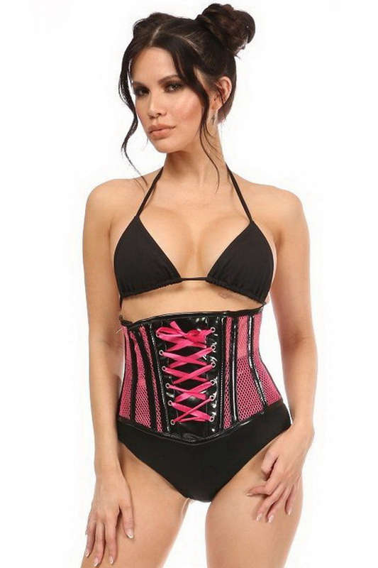 Top Drawer Neon Pink Patent & Fishnet Waist Cincher
