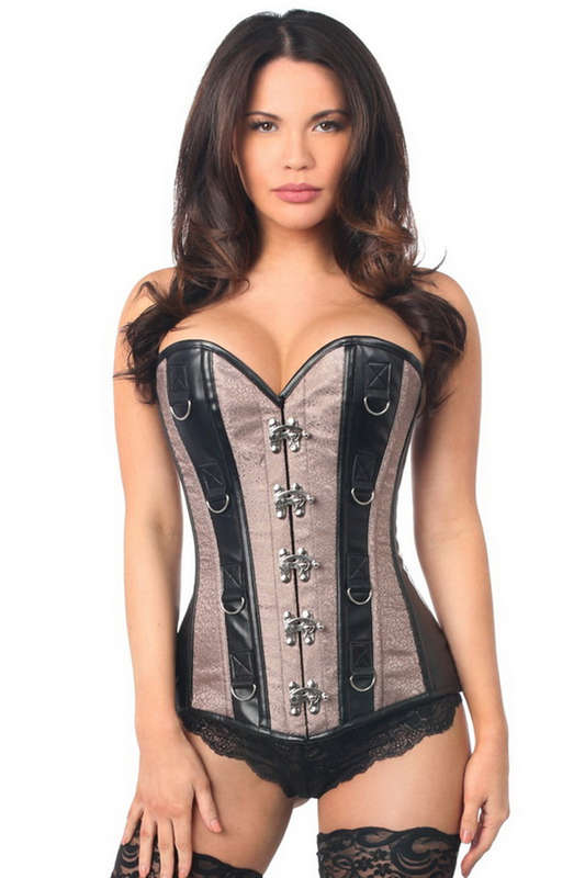 Plus Size Top Drawer Gunmetal Brocade & Faux Leather Corset