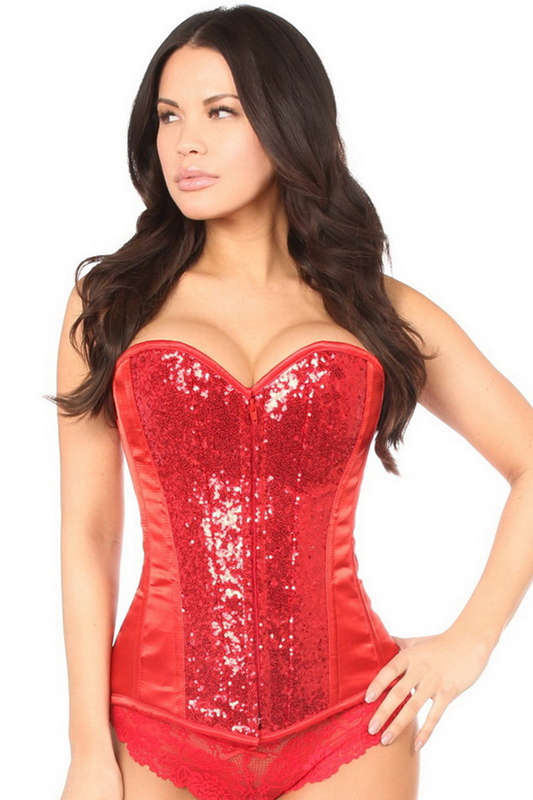 Plus Size Top Drawer Red Sequin Steel Boned Zipper Corset
