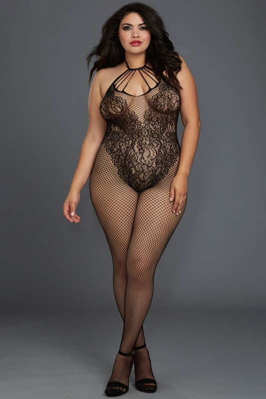 Plus Size Fishnet & Knitted Teddy Design Bodystocking