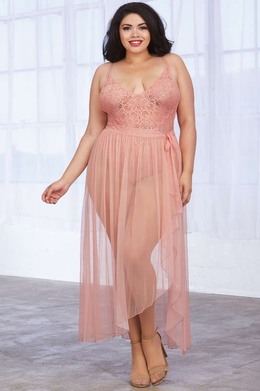 Plus Size Vintage Rose Mosaic Stretch Lace Teddy & Sheer Mesh Maxi Skirt