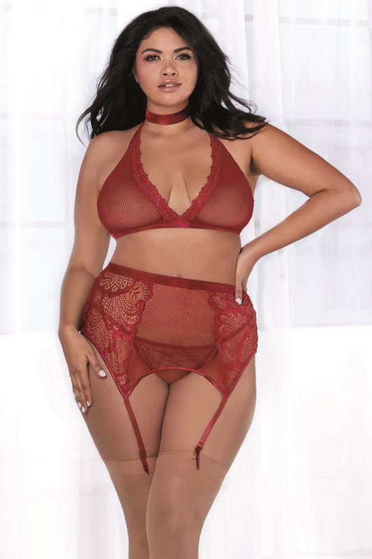 Plus Size Garnet Fishnet Bra, Garterbelt & Panty Set