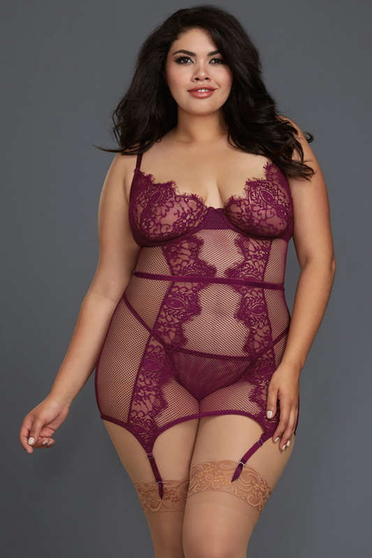 Plus Size Mulberry Fishnet & Eyelash Lace Gartered Chemise