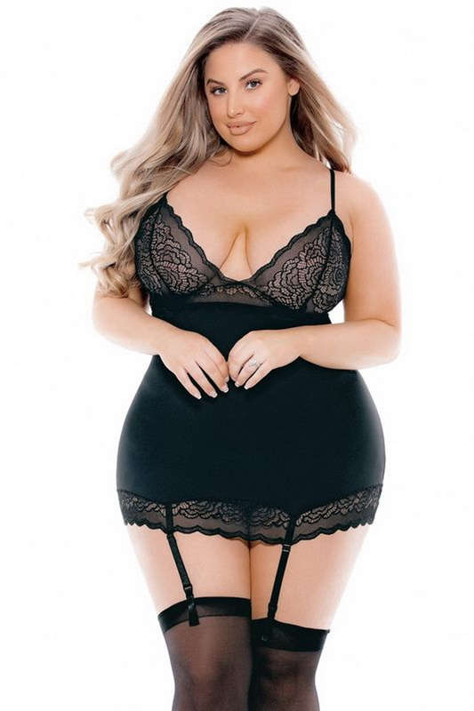 Plus Size Lace Up Chemise & Stockings Set
