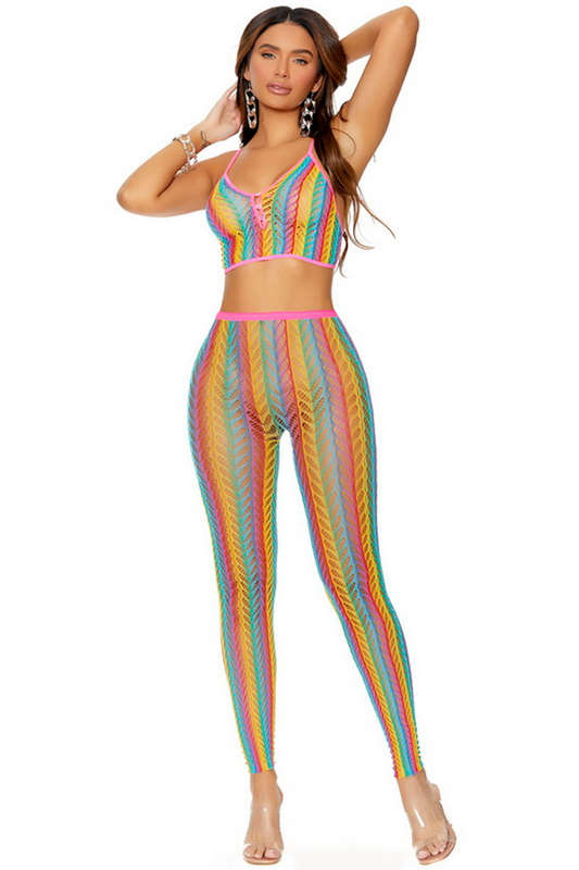 Rainbow Pride Crochet Net Cami Lingerie Set