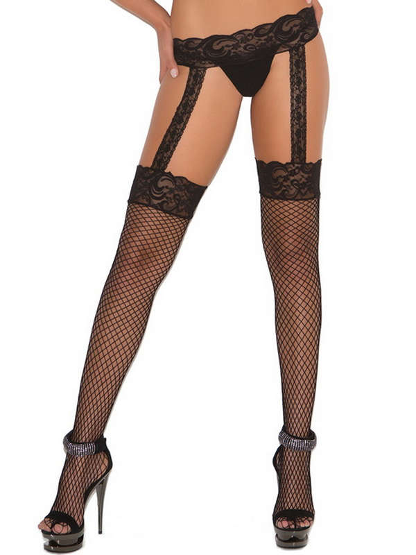Plus Size Diamond Net Thigh High With Lace Top