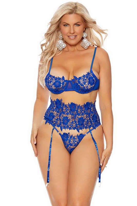 Plus Size Royal Blue Embroidered Lace Bra Lingerie Set