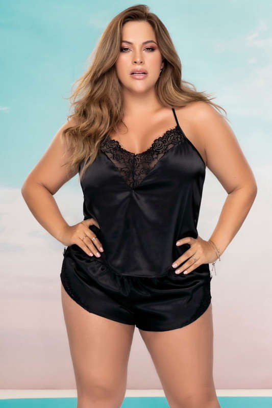 Plus Size Black Dream Scape Satin Pajama Set