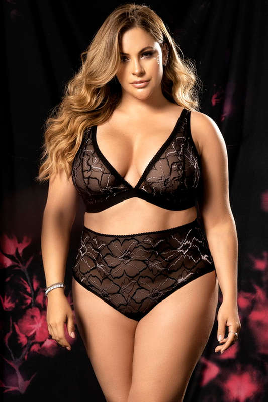 Plus Size Black Bicolor Lace High Waist Bra Set