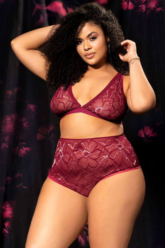 Plus Size Burgundy Bicolor Lace High Waist Bra Set