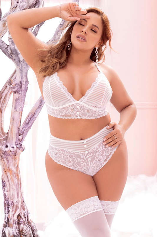 Plus Size Bridal Dream Lace & Striped Mesh Bra Lingerie Set