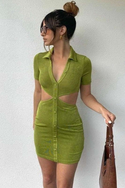 Green Short Sleeve Slim Hip Mini Dress