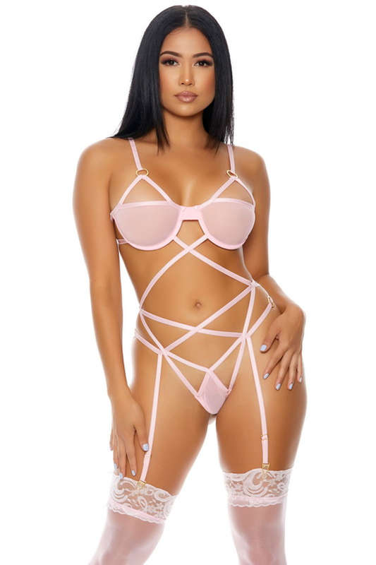 Sweet Lover Pink Strappy Mesh Gartered Teddy