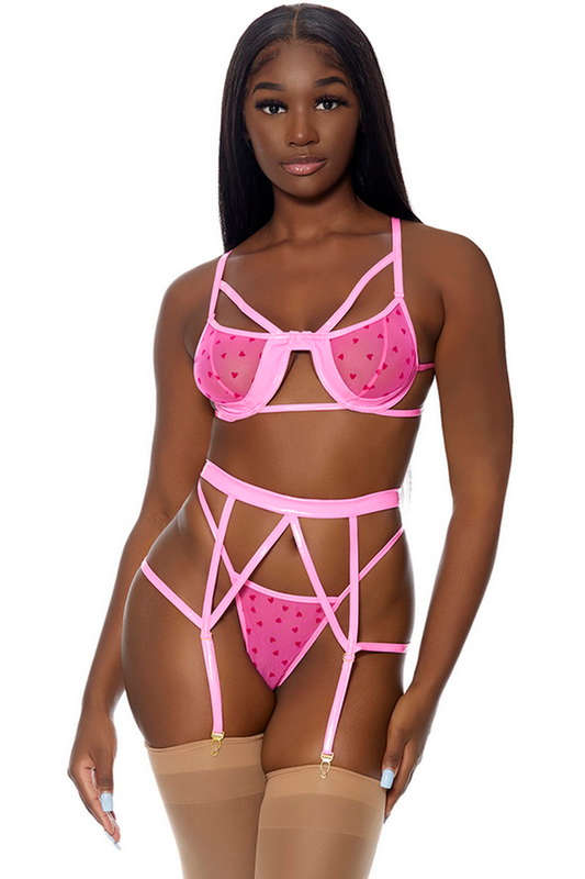 Take To Heart Pink Bra & Garterbelt Lingerie Set