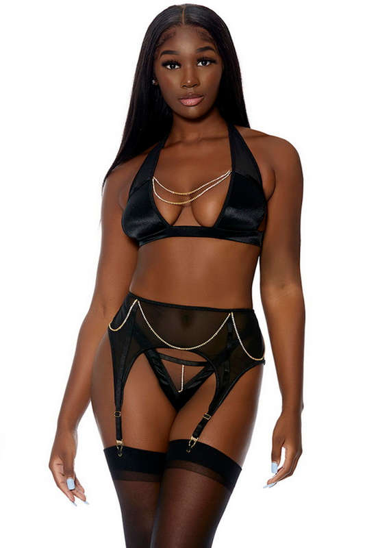 Dripped In Diamonds Black Bra & Garterbelt Lingerie Set
