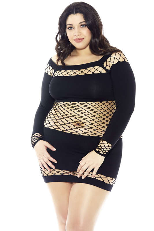 Plus Size Black Cutout Fishnet Seamless Chemise
