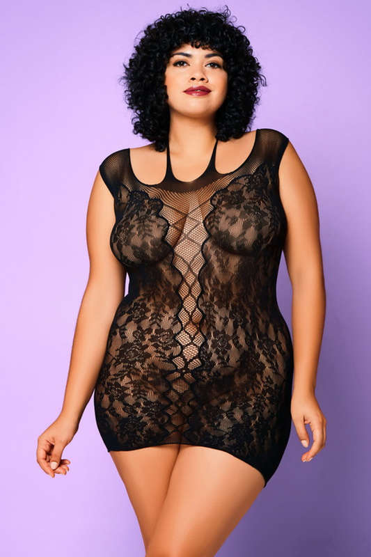 Plus Size Black Lace Kiss Net Lingerie Chemise