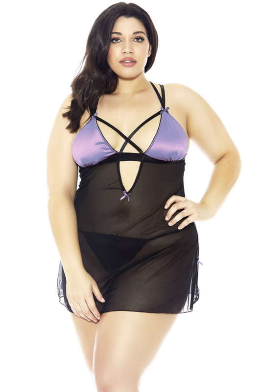 Plus Size Strappy Satin & Mesh Babydoll