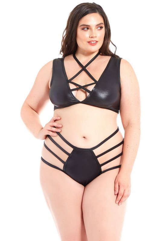 Plus Size Black Pleather Midnight Love Bra Set