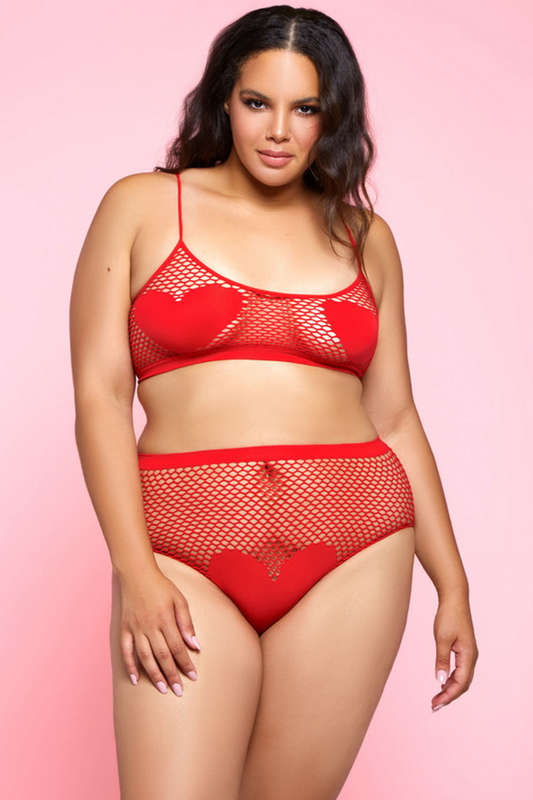Plus Size Red Fishnet Open Heart Bralette Set