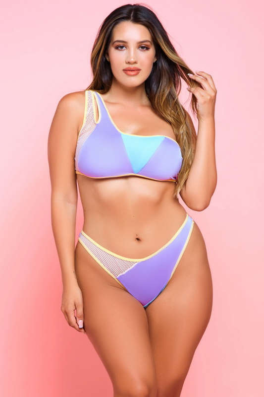 Plus Size Purple Fishnet Block Out Bralette Set