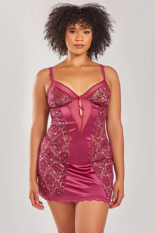Plus Size Wine Angeline Floral Lace Lingerie Chemise