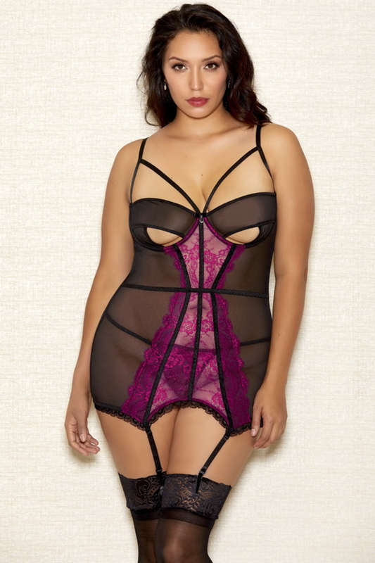 Plus Size Fuchsia Lace & Mesh Chemise Set