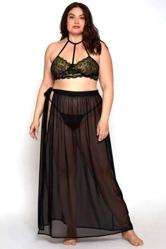 Plus Size Black & Gold Karina Bra & Skirt Lingerie Set