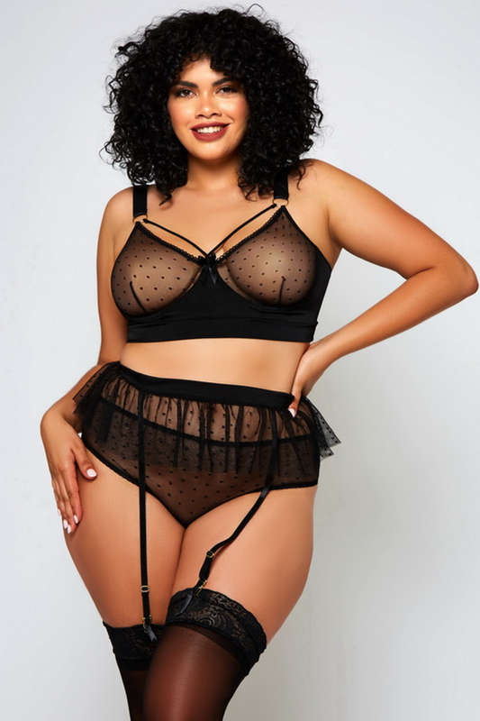 Plus Size Black Mesh Polka Dot Kimberley Bra Lingerie Set