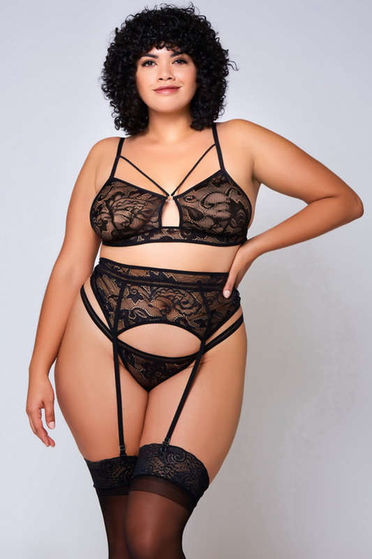 Plus Size Black Kaliana Mesh Bra & Garterbelt Set
