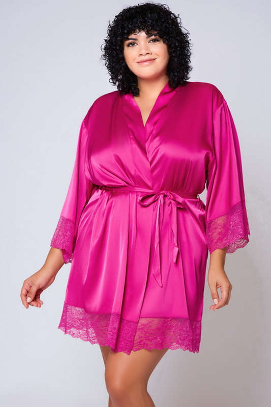 Plus Size Fuchsia Flirt Satin & Lace Robe