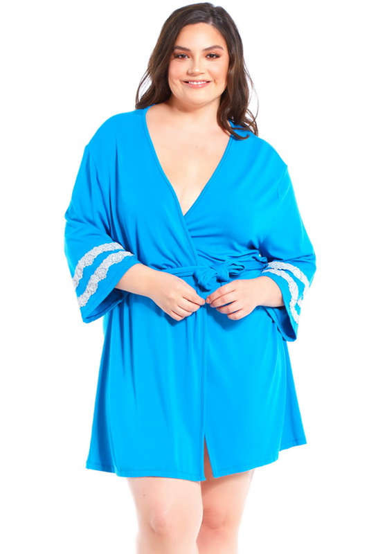Plus Size Blue Lace Trim Robe